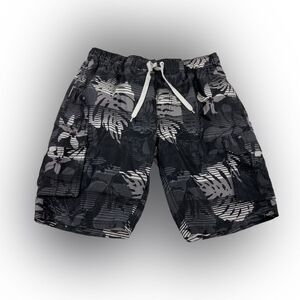 Kanu Surf Oahu Swim Trunks Mens M Black Floral Mesh Liner Cargo Pockets